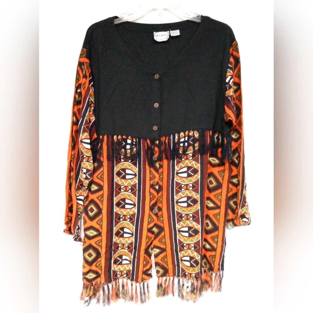 Mamta Tunic Top Tribal Boho Ethnic Fringe Black Orange One Size up to Large
